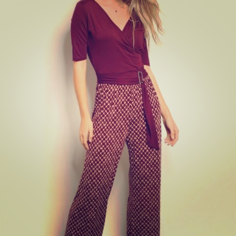 Maroon pant suit.